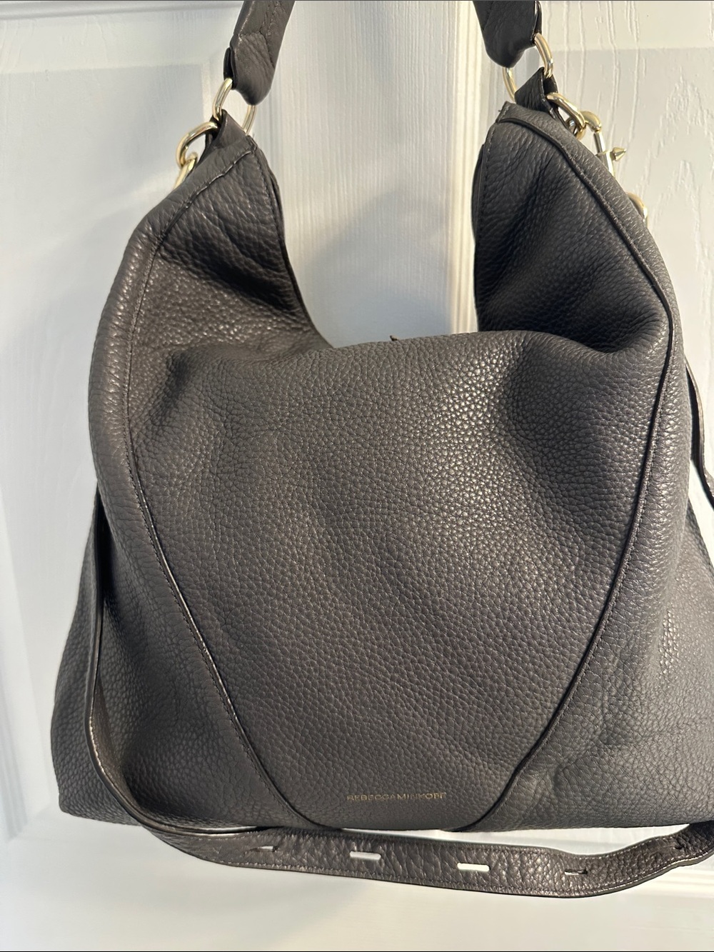 Rebecca Minkoff Moto Hobo Leather Shoulder Bag Dark Gray Gold Hardware - Picture 8 of 16